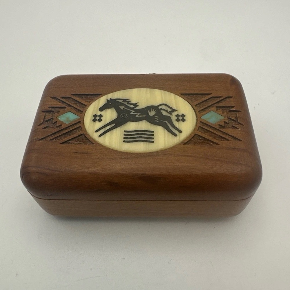 Trinket Box Horse Equestrian Inlaid Aztec Wood Fetish Mother Of Pearl